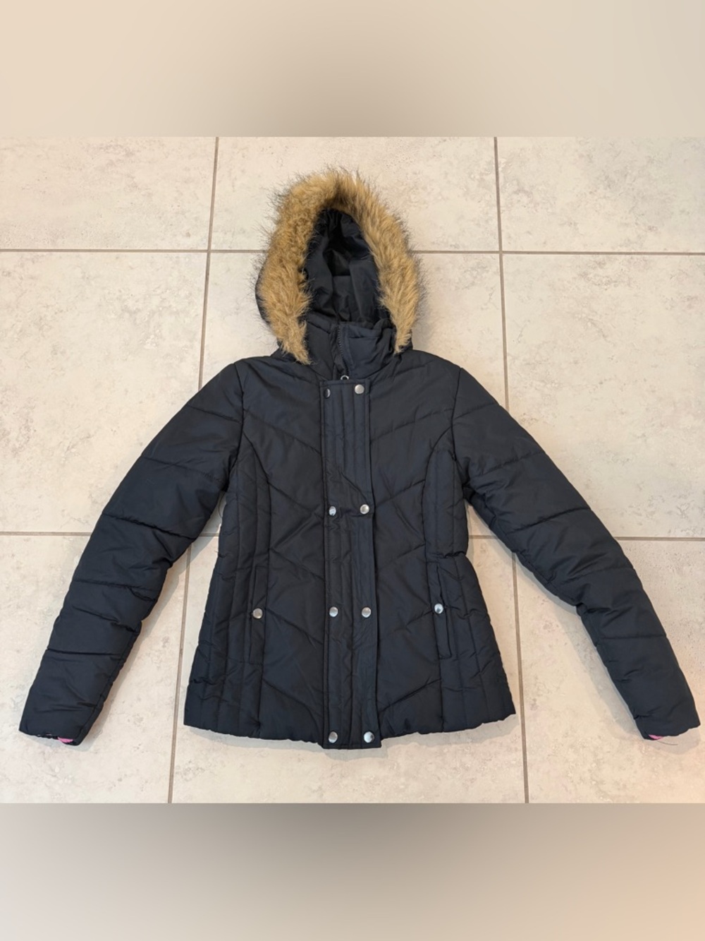 Krush Black Puffer Parka with Faux Fur Trim Hood - Size M